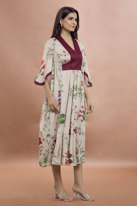 Shop_Whimsical By Shica_Maroon Organza, Satin V-neck Bug Print Dress _Online_at_Aza_Fashions