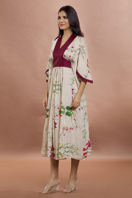 Whimsical By Shica_Maroon Organza, Satin V-neck Bug Print Dress _at_Aza_Fashions