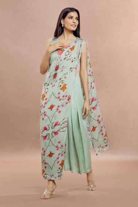 Shop_Whimsical By Shica_Blue Organza, Satin V-neck Bug Print Saree Draped Jumpsuit _Online_at_Aza_Fashions