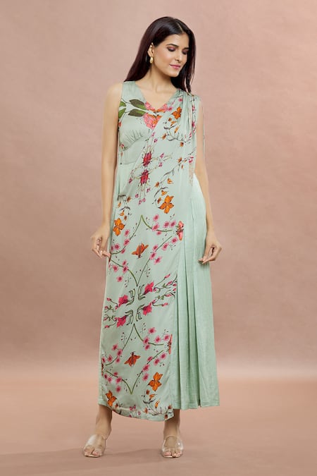 Whimsical By Shica_Blue Organza, Satin V-neck Bug Print Saree Draped Jumpsuit _at_Aza_Fashions