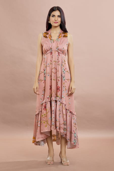 Buy_Whimsical By Shica_Peach Organza, Satin Embroidery V-neck Floral Print High Low Dress _Online_at_Aza_Fashions