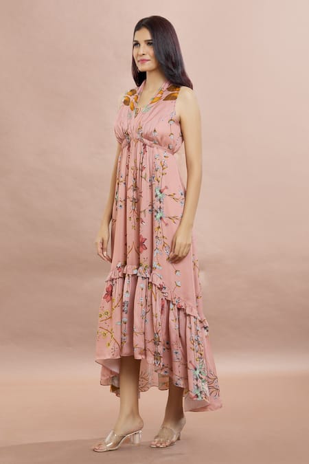 Shop_Whimsical By Shica_Peach Organza, Satin Embroidery V-neck Floral Print High Low Dress _Online_at_Aza_Fashions