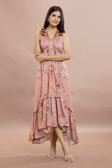 Whimsical By Shica_Peach Organza, Satin Embroidery V-neck Floral Print High Low Dress _at_Aza_Fashions