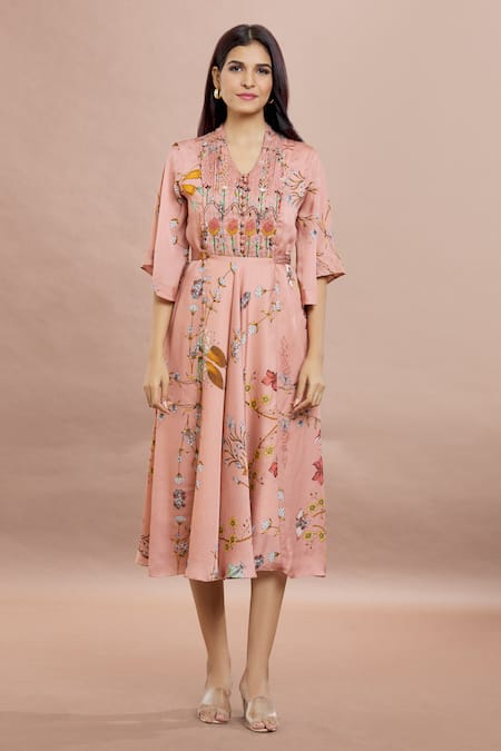 Buy_Whimsical By Shica_Peach Organza, Satin Embroidery Collared Pleated Bodice Floral Print Dress _Online_at_Aza_Fashions