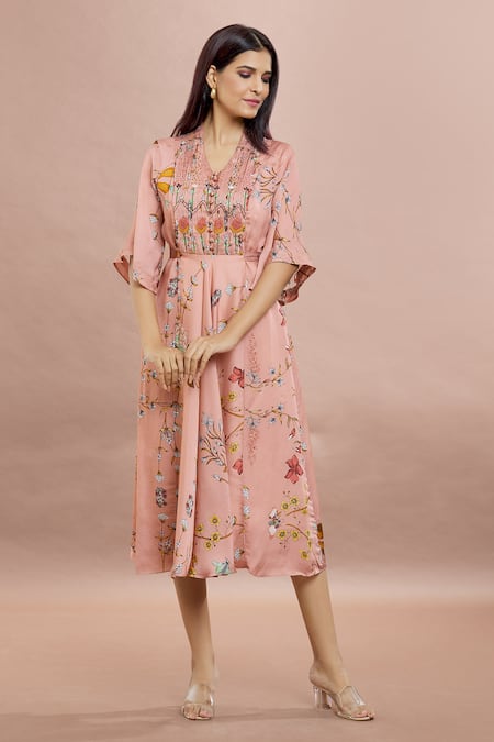 Whimsical By Shica_Peach Organza, Satin Embroidery Collared Pleated Bodice Floral Print Dress _at_Aza_Fashions