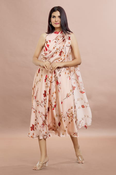 Whimsical By Shica Peach Organza, Satin Embroidery Bandeau Neck Draped Floral Print Dress