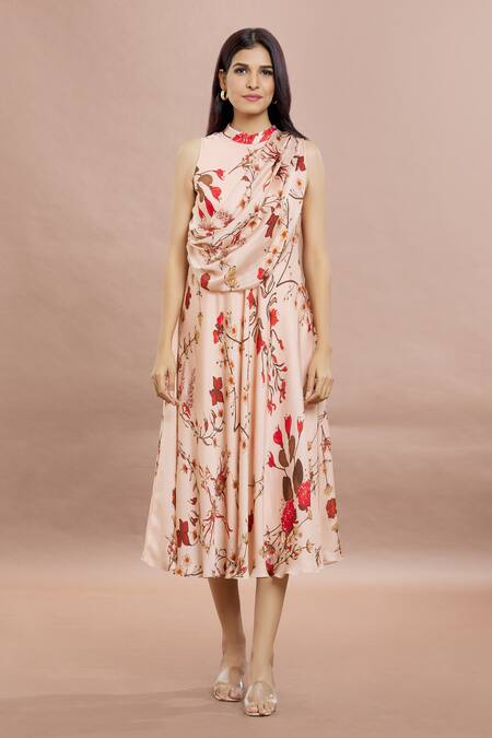 Buy Whimsical By Shica Peach Organza, Satin Embroidery Bandeau Neck Draped Floral Print Dress Online at Aza Fashions Buy_Whimsical By Shica_Peach Organza, Satin Embroidery Bandeau Neck Draped Floral Print Dress _Online_at_Aza_Fashions