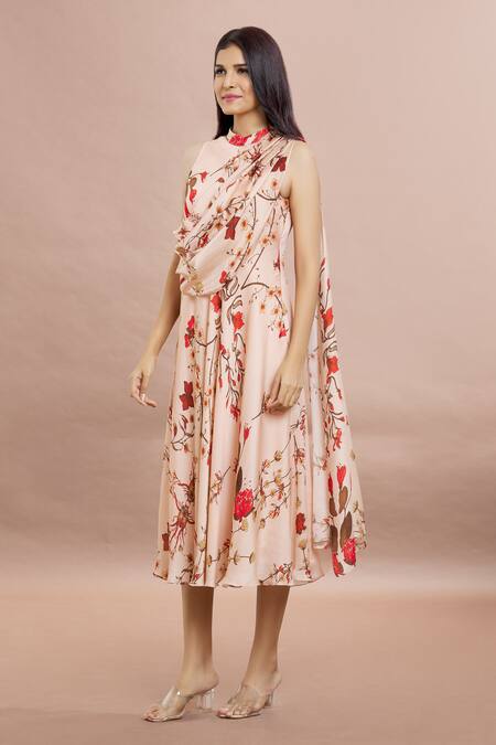 Shop Whimsical By Shica Peach Organza, Satin Embroidery Bandeau Neck Draped Floral Print Dress Online at Aza Fashions Shop_Whimsical By Shica_Peach Organza, Satin Embroidery Bandeau Neck Draped Floral Print Dress _Online_at_Aza_Fashions
