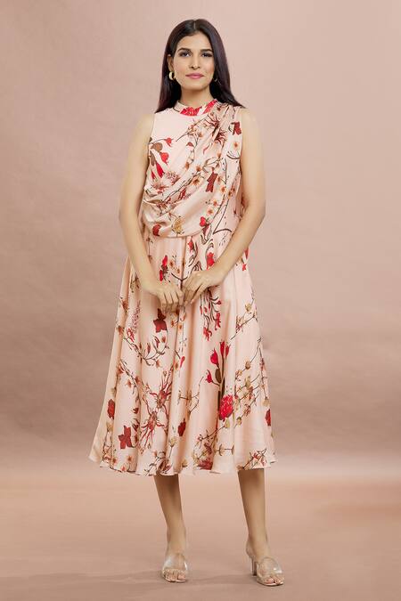 Whimsical By Shica Peach Organza, Satin Embroidery Bandeau Neck Draped Floral Print Dress at Aza Fashions Whimsical By Shica_Peach Organza, Satin Embroidery Bandeau Neck Draped Floral Print Dress _at_Aza_Fashions