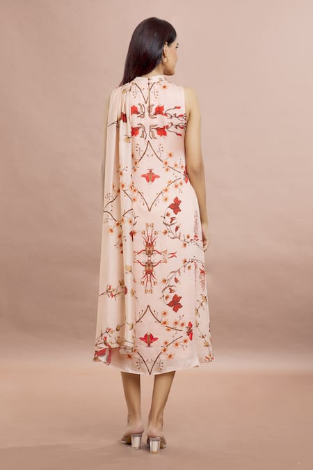 Whimsical By Shica Peach Organza, Satin Embroidery Bandeau Neck Draped Floral Print Dress Online at Aza Fashions Whimsical By Shica_Peach Organza, Satin Embroidery Bandeau Neck Draped Floral Print Dress _Online_at_Aza_Fashions