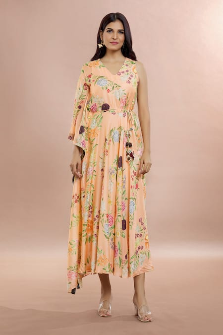 Shop_Whimsical By Shica_Peach Cotton, Silk Embroidery V-neck Floral Bouquet Print Kaftan Dress _Online_at_Aza_Fashions