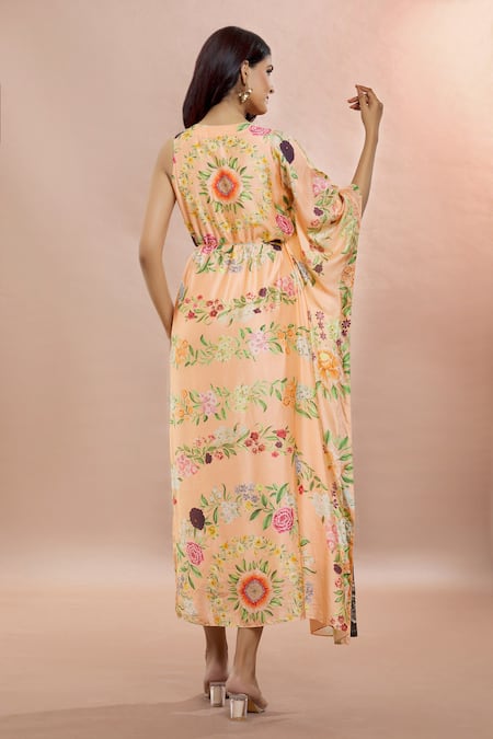 Whimsical By Shica_Peach Cotton, Silk Embroidery V-neck Floral Bouquet Print Kaftan Dress _Online_at_Aza_Fashions