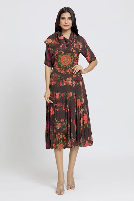 Whimsical By Shica Brown Cotton, Silk Embroidery Cowl Neck Garden Print Dress