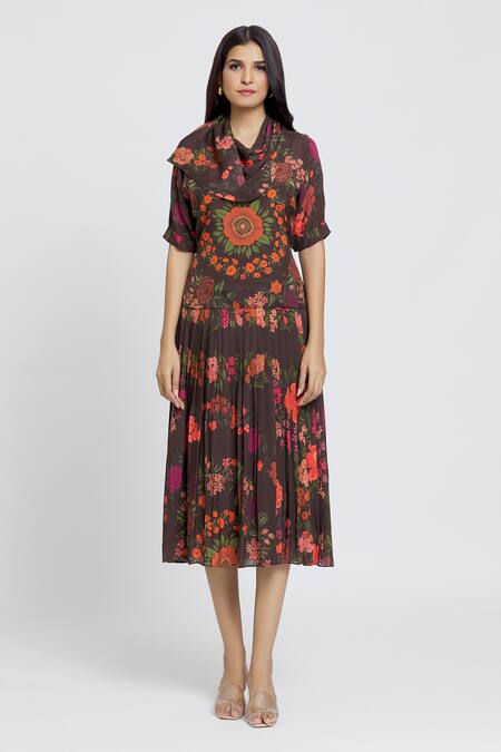 Buy Whimsical By Shica Brown Cotton, Silk Embroidery Cowl Neck Garden Print Dress Online at Aza Fashions Buy_Whimsical By Shica_Brown Cotton, Silk Embroidery Cowl Neck Garden Print Dress _Online_at_Aza_Fashions