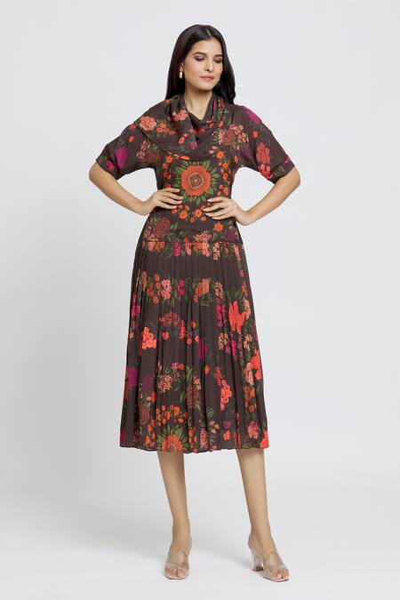 Shop Whimsical By Shica Brown Cotton, Silk Embroidery Cowl Neck Garden Print Dress Online at Aza Fashions Shop_Whimsical By Shica_Brown Cotton, Silk Embroidery Cowl Neck Garden Print Dress _Online_at_Aza_Fashions