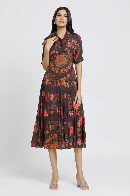 Whimsical By Shica Brown Cotton, Silk Embroidery Cowl Neck Garden Print Dress at Aza Fashions Whimsical By Shica_Brown Cotton, Silk Embroidery Cowl Neck Garden Print Dress _at_Aza_Fashions