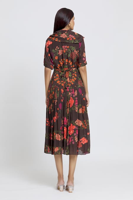 Whimsical By Shica Brown Cotton, Silk Embroidery Cowl Neck Garden Print Dress Online at Aza Fashions Whimsical By Shica_Brown Cotton, Silk Embroidery Cowl Neck Garden Print Dress _Online_at_Aza_Fashions