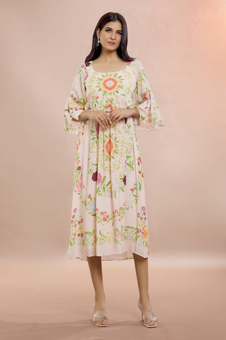 Whimsical By Shica Pink Cotton, Silk Round Neck Frilled Waist Floral Print Dress