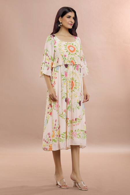 Buy Whimsical By Shica Pink Cotton, Silk Round Neck Frilled Waist Floral Print Dress Online at Aza Fashions Buy_Whimsical By Shica_Pink Cotton, Silk Round Neck Frilled Waist Floral Print Dress _Online_at_Aza_Fashions