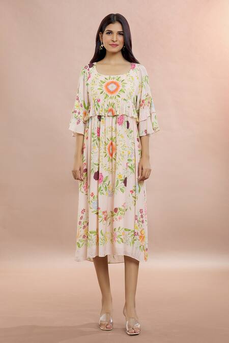 Whimsical By Shica Pink Cotton, Silk Round Neck Frilled Waist Floral Print Dress at Aza Fashions Whimsical By Shica_Pink Cotton, Silk Round Neck Frilled Waist Floral Print Dress _at_Aza_Fashions