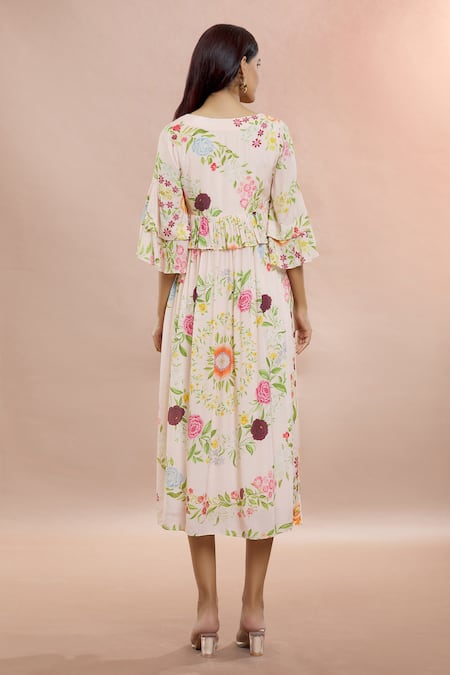 Whimsical By Shica Pink Cotton, Silk Round Neck Frilled Waist Floral Print Dress Online at Aza Fashions Whimsical By Shica_Pink Cotton, Silk Round Neck Frilled Waist Floral Print Dress _Online_at_Aza_Fashions