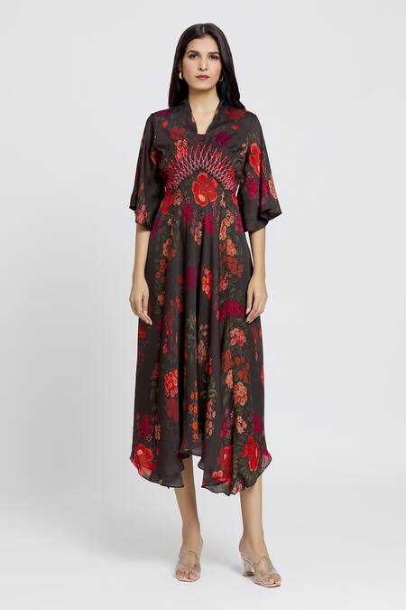 Buy Whimsical By Shica Black Cotton, Silk Embroidery V-neck Botanic Print Dress Online at Aza Fashions Buy_Whimsical By Shica_Black Cotton, Silk Embroidery V-neck Botanic Print Dress _Online_at_Aza_Fashions
