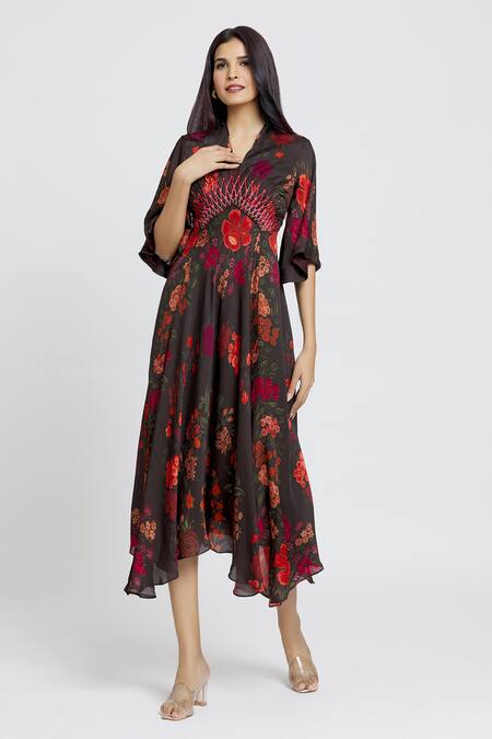 Shop Whimsical By Shica Black Cotton, Silk Embroidery V-neck Botanic Print Dress Online at Aza Fashions Shop_Whimsical By Shica_Black Cotton, Silk Embroidery V-neck Botanic Print Dress _Online_at_Aza_Fashions