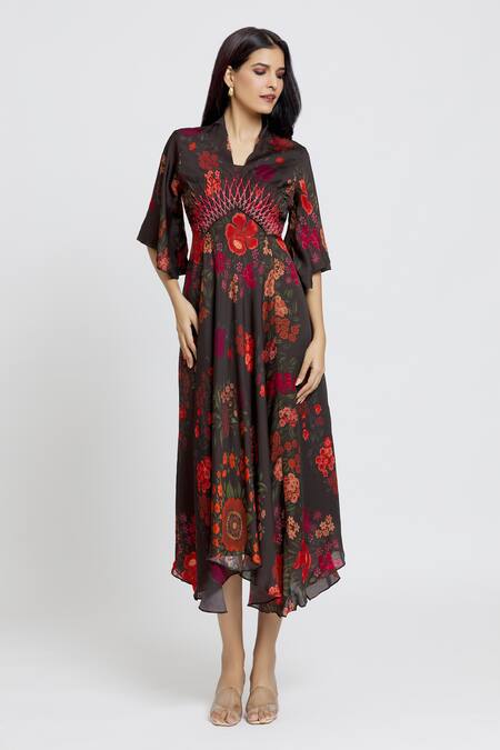 Whimsical By Shica Black Cotton, Silk Embroidery V-neck Botanic Print Dress at Aza Fashions Whimsical By Shica_Black Cotton, Silk Embroidery V-neck Botanic Print Dress _at_Aza_Fashions