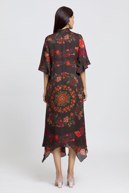 Whimsical By Shica Black Cotton, Silk Embroidery V-neck Botanic Print Dress Online at Aza Fashions Whimsical By Shica_Black Cotton, Silk Embroidery V-neck Botanic Print Dress _Online_at_Aza_Fashions