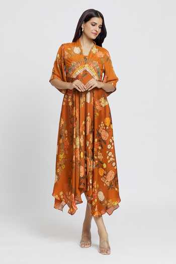 Shop_Whimsical By Shica_Orange Cotton, Silk Embroidery V-neck Flower Print Dress _Online_at_Aza_Fashions
