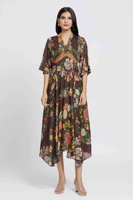 Buy_Whimsical By Shica_Brown Cotton, Silk Embroidery V-neck Waist Dress _Online_at_Aza_Fashions