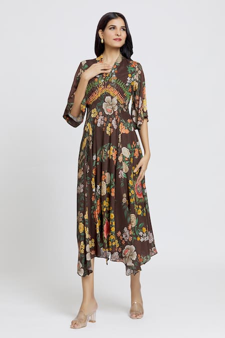 Shop_Whimsical By Shica_Brown Cotton, Silk Embroidery V-neck Waist Dress _Online_at_Aza_Fashions