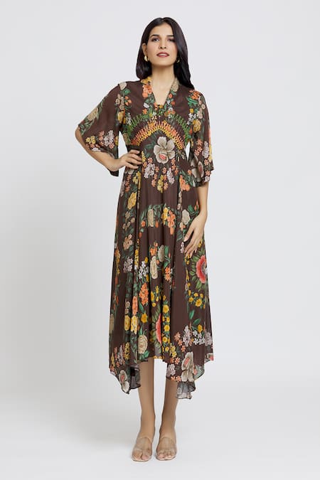 Whimsical By Shica_Brown Cotton, Silk Embroidery V-neck Waist Dress _at_Aza_Fashions