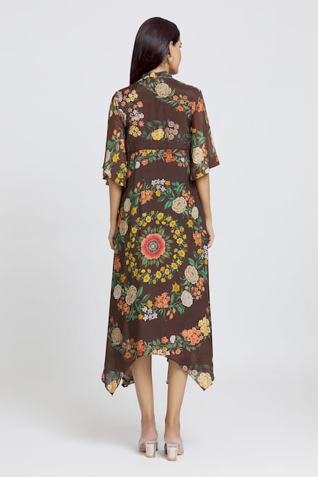 Whimsical By Shica_Brown Cotton, Silk Embroidery V-neck Waist Dress _Online_at_Aza_Fashions
