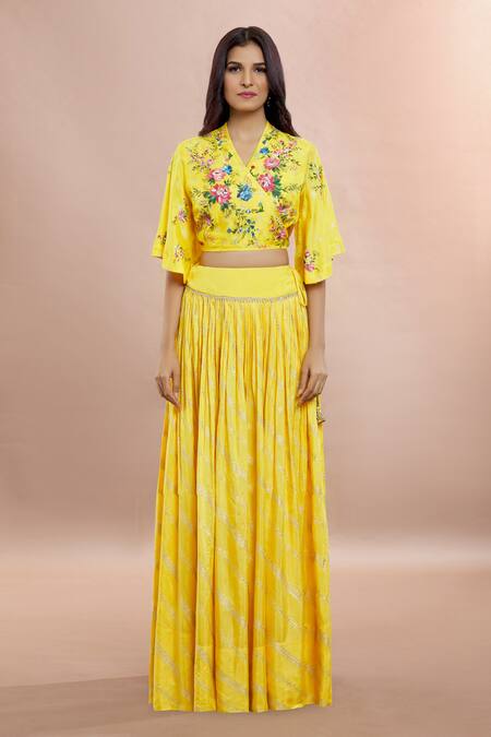 Shop Whimsical By Shica Yellow Brocade Embroidery V-neck Lehenga Set With Hand Painted Blouse Online at Aza Fashions Shop_Whimsical By Shica_Yellow Brocade Embroidery V-neck Lehenga Set With Hand Painted Blouse _Online_at_Aza_Fashions