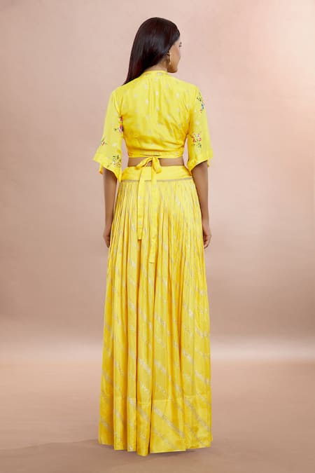 Whimsical By Shica Yellow Brocade Embroidery V-neck Lehenga Set With Hand Painted Blouse Online at Aza Fashions Whimsical By Shica_Yellow Brocade Embroidery V-neck Lehenga Set With Hand Painted Blouse _Online_at_Aza_Fashions