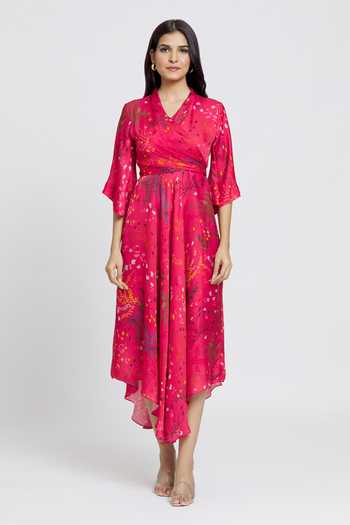 Buy Whimsical By Shica Red Organza, Satin V-neck Asymmetric Floral Print Dress Online at Aza Fashions Buy_Whimsical By Shica_Red Organza, Satin V-neck Asymmetric Floral Print Dress _Online_at_Aza_Fashions