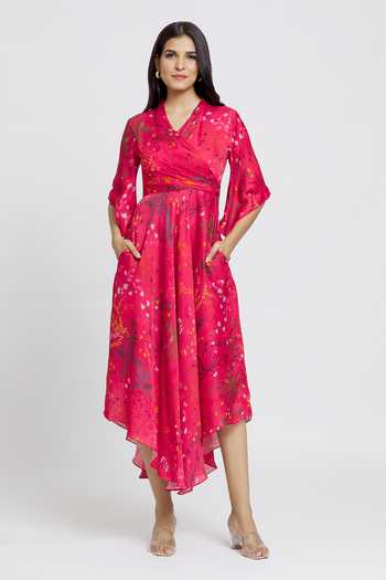 Shop Whimsical By Shica Red Organza, Satin V-neck Asymmetric Floral Print Dress Online at Aza Fashions Shop_Whimsical By Shica_Red Organza, Satin V-neck Asymmetric Floral Print Dress _Online_at_Aza_Fashions