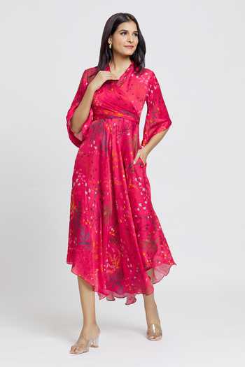 Whimsical By Shica Red Organza, Satin V-neck Asymmetric Floral Print Dress at Aza Fashions Whimsical By Shica_Red Organza, Satin V-neck Asymmetric Floral Print Dress _at_Aza_Fashions