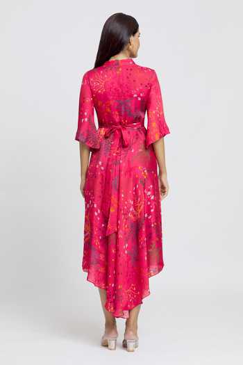 Whimsical By Shica Red Organza, Satin V-neck Asymmetric Floral Print Dress Online at Aza Fashions Whimsical By Shica_Red Organza, Satin V-neck Asymmetric Floral Print Dress _Online_at_Aza_Fashions
