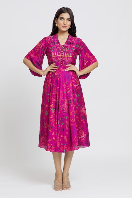 Buy_Whimsical By Shica_Magenta Cotton, Silk Embroidery Collared Pleated Bodice Dress _Online_at_Aza_Fashions