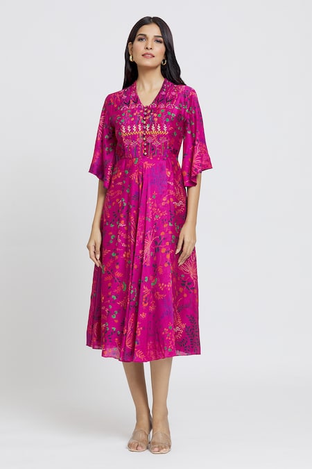 Shop_Whimsical By Shica_Magenta Cotton, Silk Embroidery Collared Pleated Bodice Dress _Online_at_Aza_Fashions