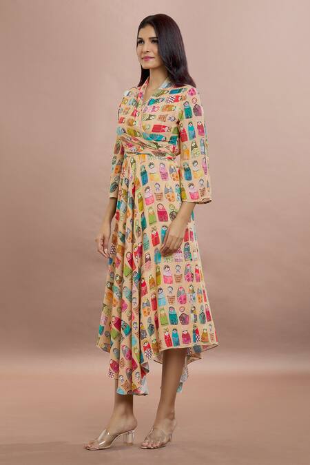 Buy_Whimsical By Shica_Peach Organza, Satin V-neck Doll Print Wrap Dress _Online_at_Aza_Fashions