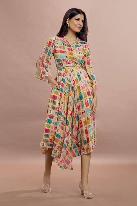 Shop_Whimsical By Shica_Peach Organza, Satin V-neck Doll Print Wrap Dress _Online_at_Aza_Fashions