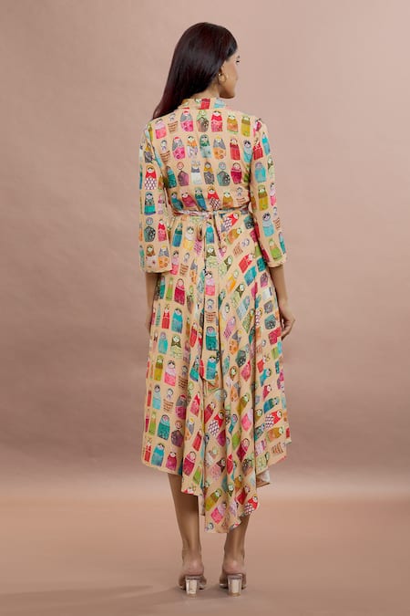Whimsical By Shica_Peach Organza, Satin V-neck Doll Print Wrap Dress _Online_at_Aza_Fashions