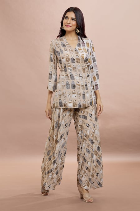 Buy_Whimsical By Shica_Beige Organza, Satin V-neck Doll Print Wrap Top With Pant _Online_at_Aza_Fashions