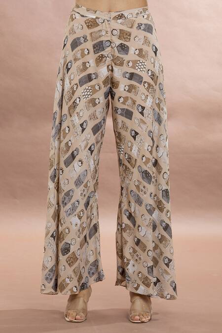 Shop_Whimsical By Shica_Beige Organza, Satin V-neck Doll Print Wrap Top With Pant _Online_at_Aza_Fashions