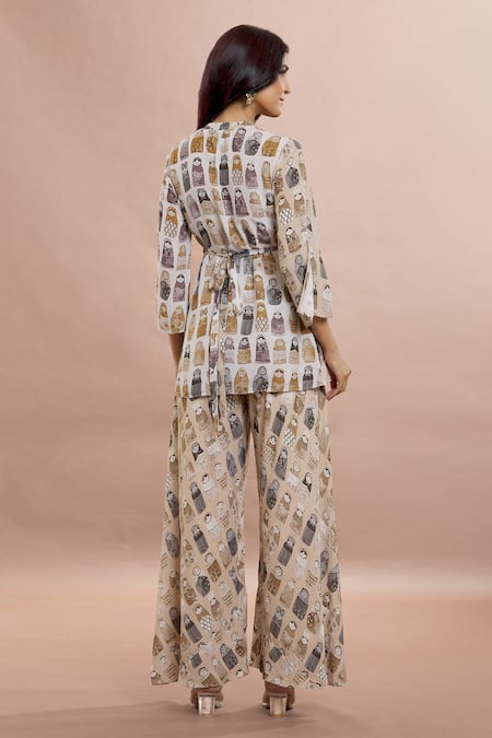 Whimsical By Shica_Beige Organza, Satin V-neck Doll Print Wrap Top With Pant _Online_at_Aza_Fashions