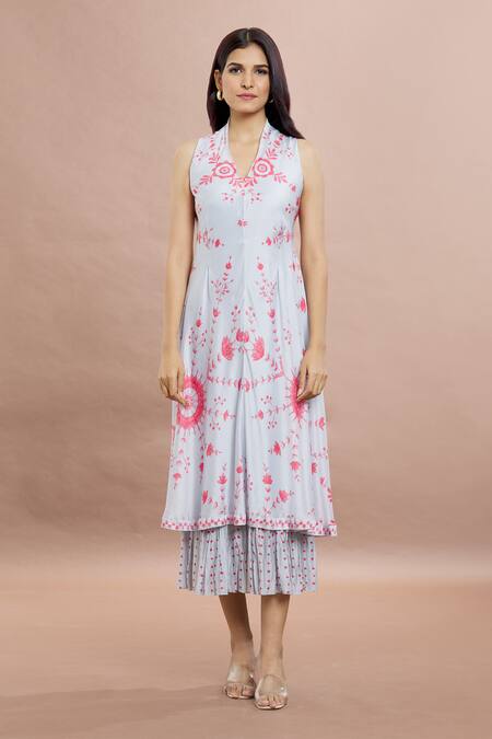 Buy Whimsical By Shica Sky Blue Cotton, Silk Embroidery Collared Layered Dress Online at Aza Fashions Buy_Whimsical By Shica_Sky Blue Cotton, Silk Embroidery Collared Layered Dress _Online_at_Aza_Fashions