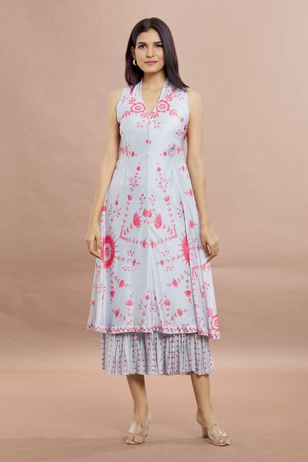 Whimsical By Shica Sky Blue Cotton, Silk Embroidery Collared Layered Dress at Aza Fashions Whimsical By Shica_Sky Blue Cotton, Silk Embroidery Collared Layered Dress _at_Aza_Fashions